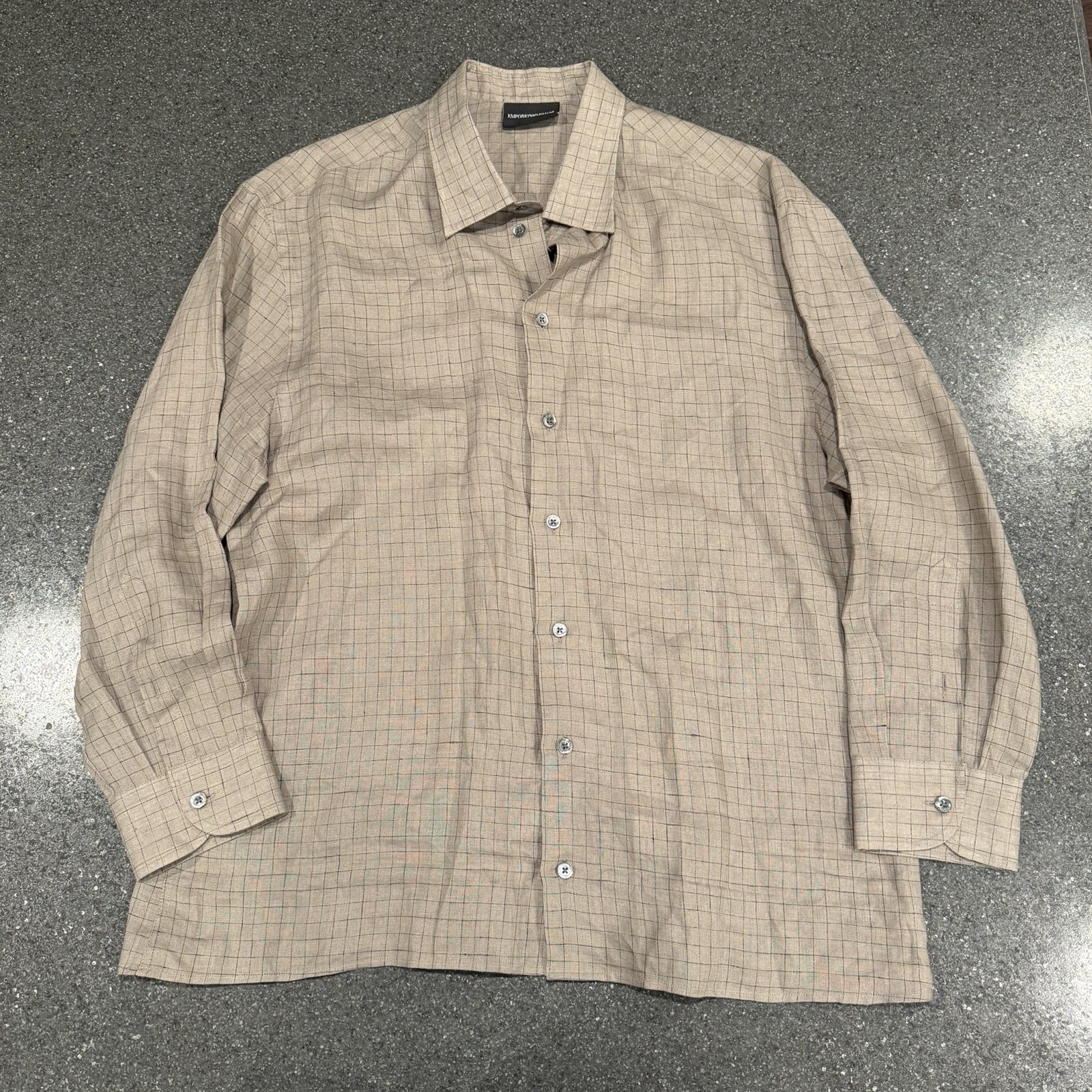 Emoporio Armani 100% Linen Tan Window Pane Plaid Button Up Xl Luxury